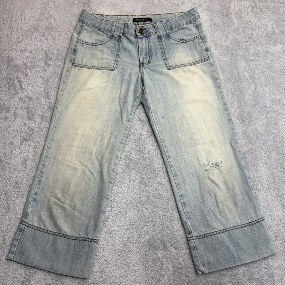American Eagle Crop Jeans Women's 6 Light Blue Distressed Wide Leg Patch Pocket